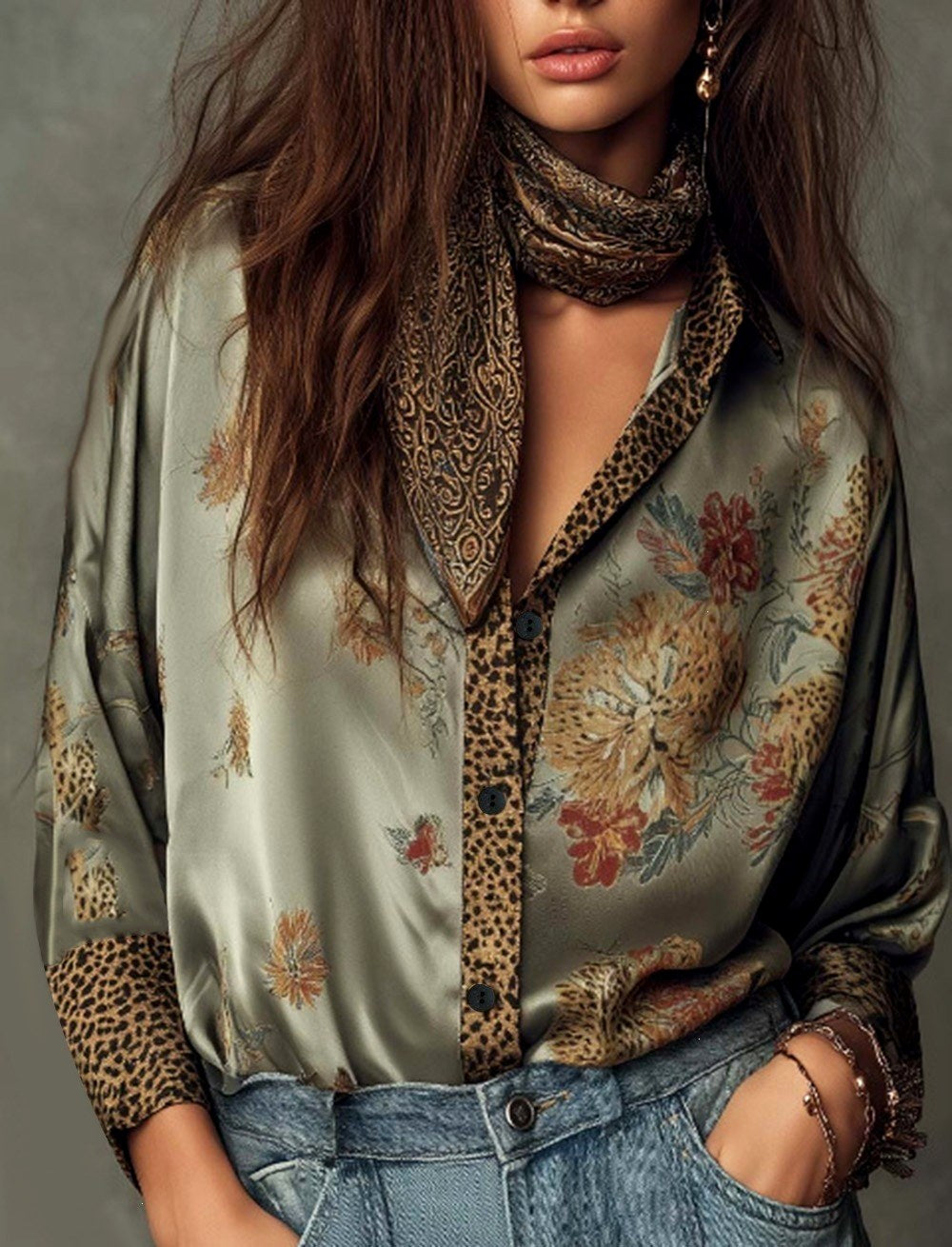 Kendall -Women's Floral Leopard Print Satin Button-Up Blouse 3