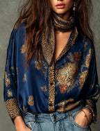 Kendall -Women's Floral Leopard Print Satin Button-Up Blouse 4