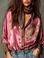 Kendall -Women's Floral Leopard Print Satin Button-Up Blouse 5