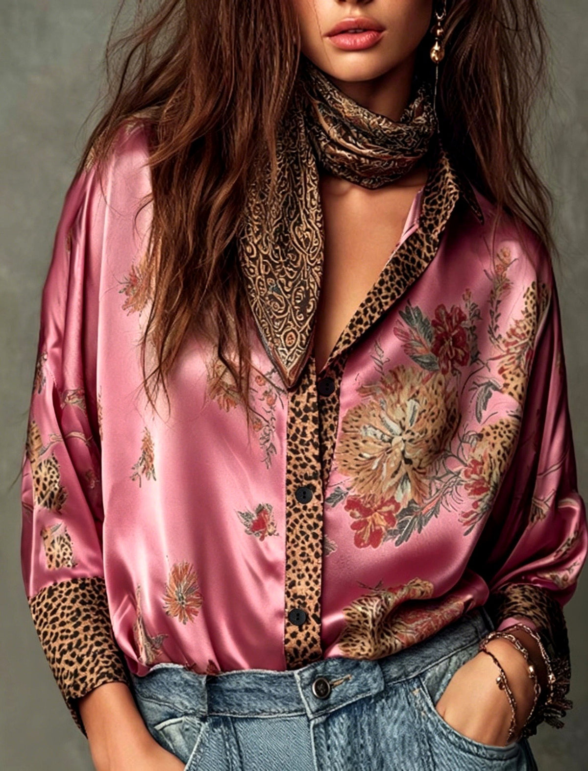 Kendall -Women's Floral Leopard Print Satin Button-Up Blouse 5
