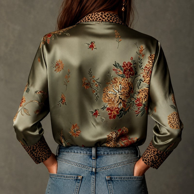 Kendall -Women's Floral Leopard Print Satin Button-Up Blouse 6