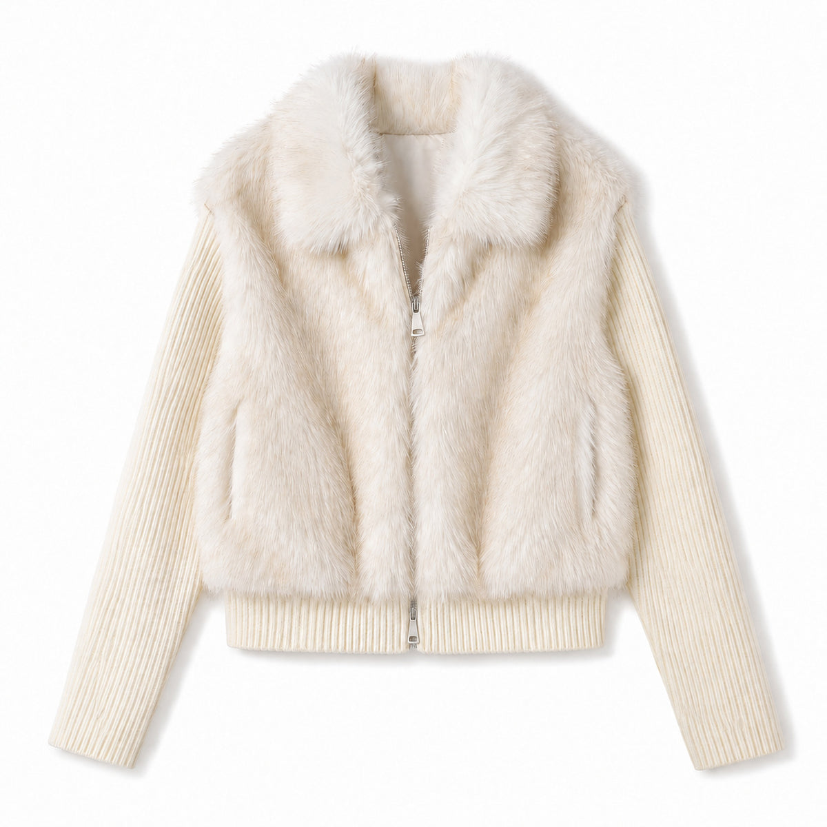 Kendall - Women's Ribbed Knit Trim Faux Fur Cropped Jacket 1