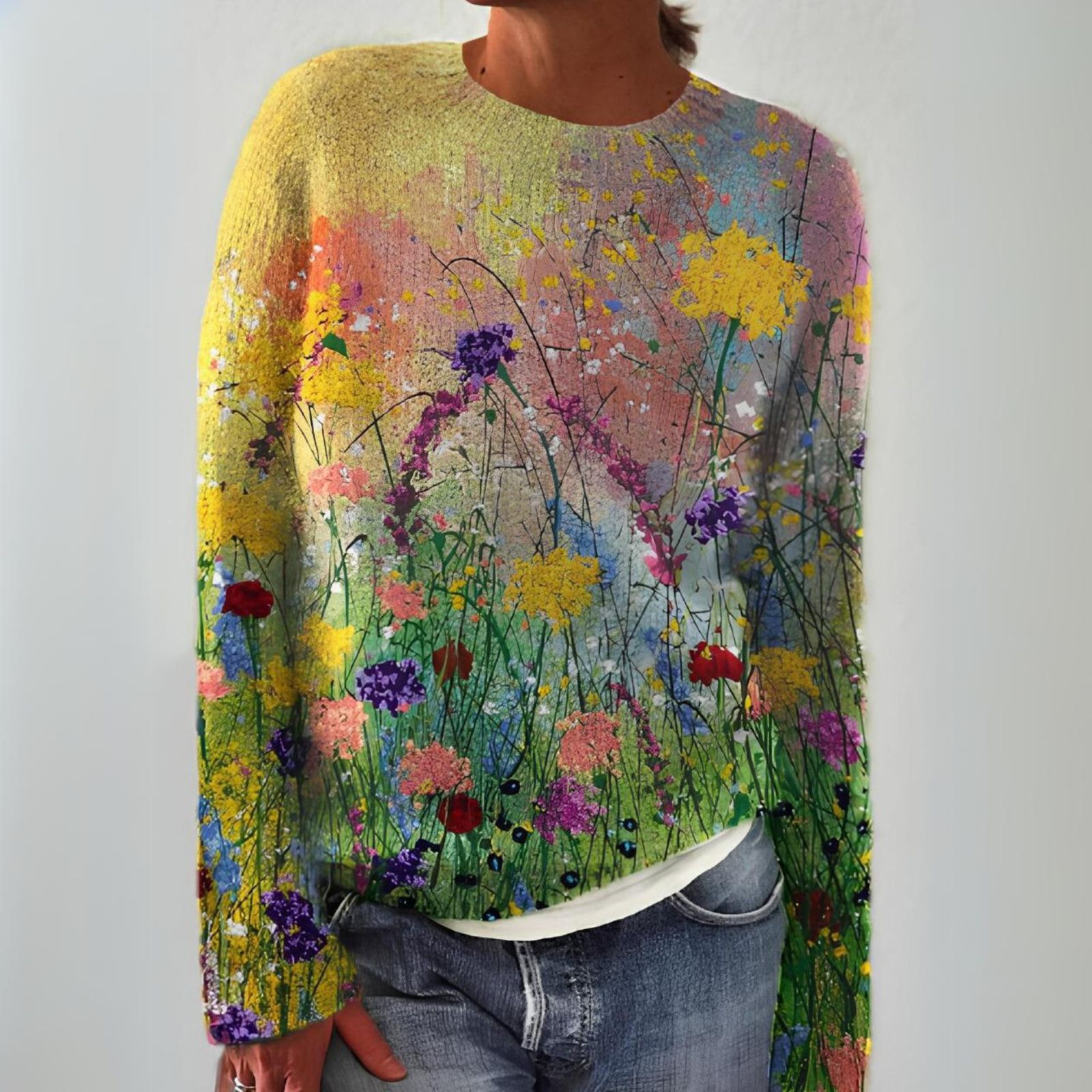Kiara - Women's Floral Intarsia Crewneck Sweater