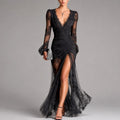 Kierra - Women's Lace Long Sleeve Ruched High-Slit Maxi Dress 1