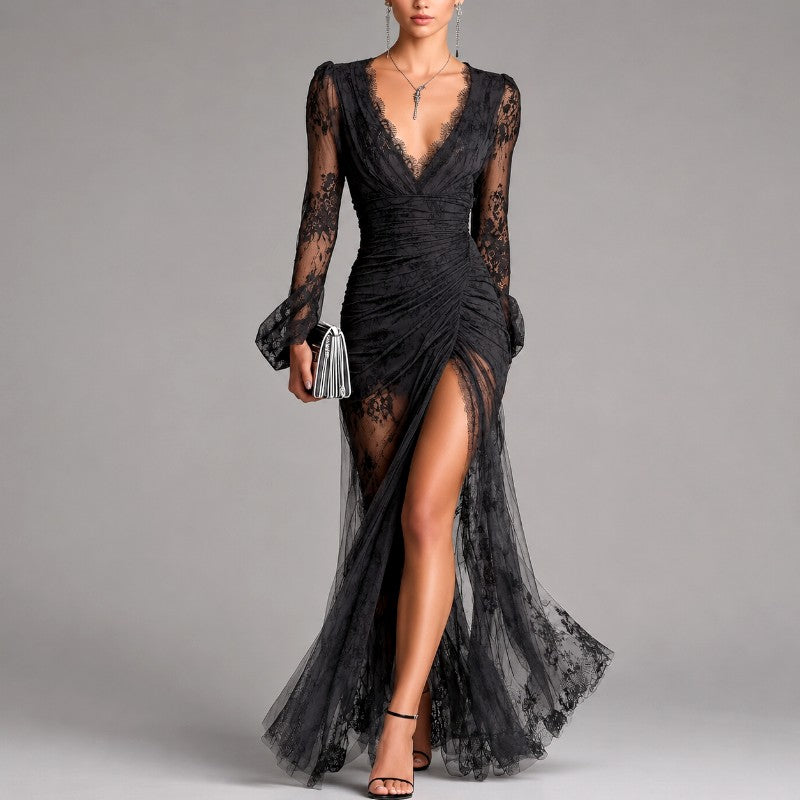 Kierra - Women's Lace Long Sleeve Ruched High-Slit Maxi Dress 1