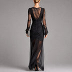 Kierra - Women's Lace Long Sleeve Ruched High-Slit Maxi Dress 2