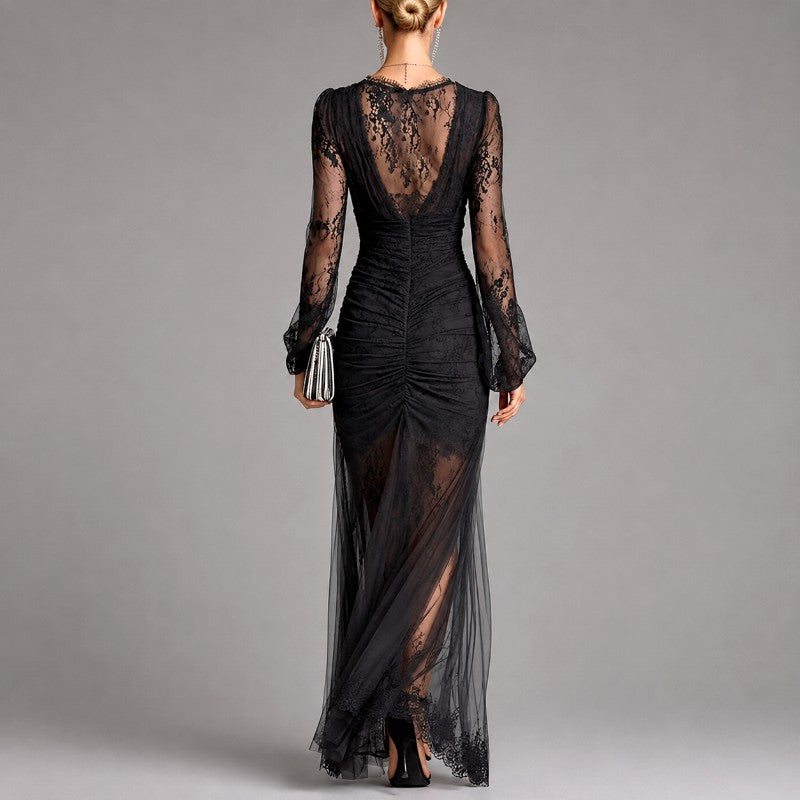 Kierra - Women's Lace Long Sleeve Ruched High-Slit Maxi Dress 2