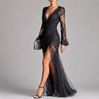 Kierra - Women's Lace Long Sleeve Ruched High-Slit Maxi Dress 3