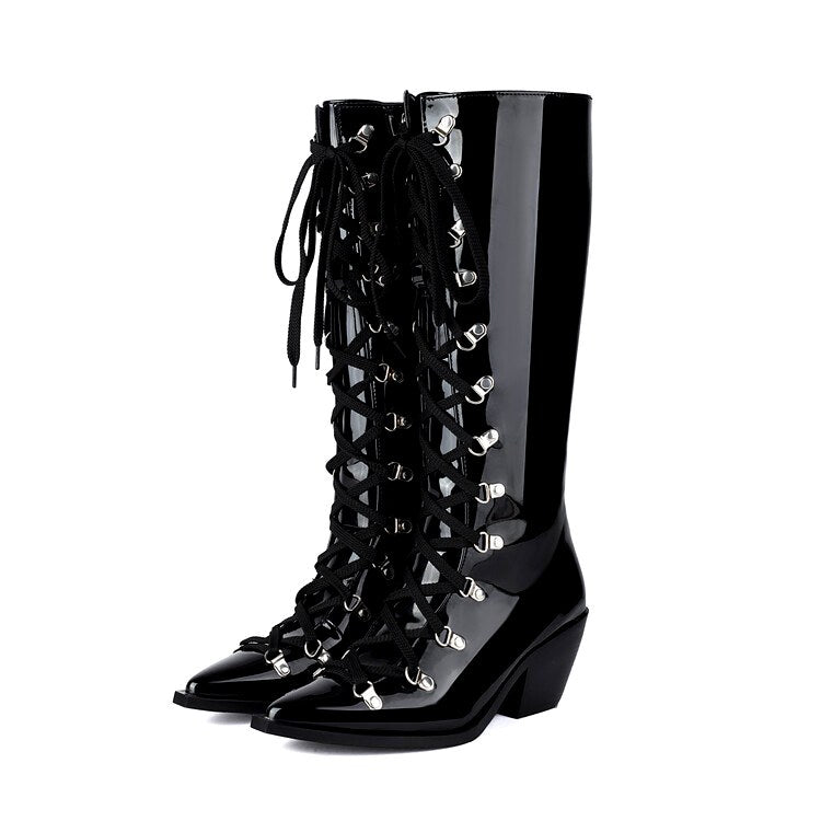Kollyns - Women’s Patent Leather Lace Up Tall Boots 2