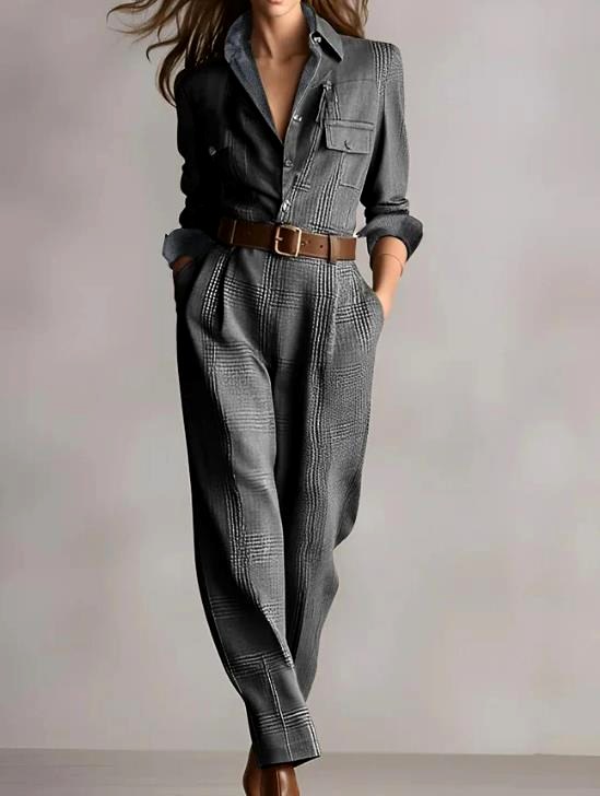 Ksenia - Women's Plaid Collared Tapered Leg Jumpsuit 2