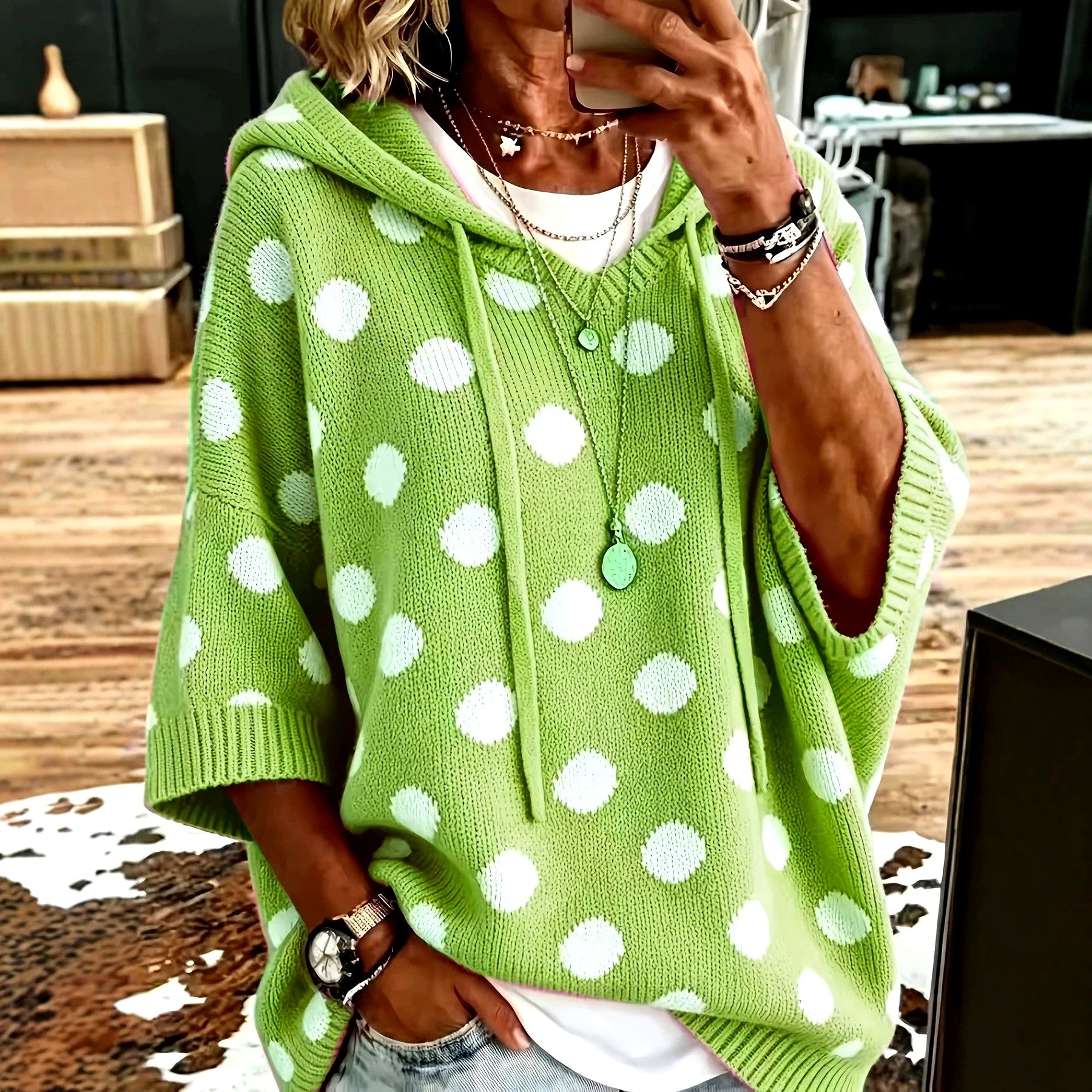 Kynthia - Women's Polka Dot V-Neck Oversized Wool Sweater 2