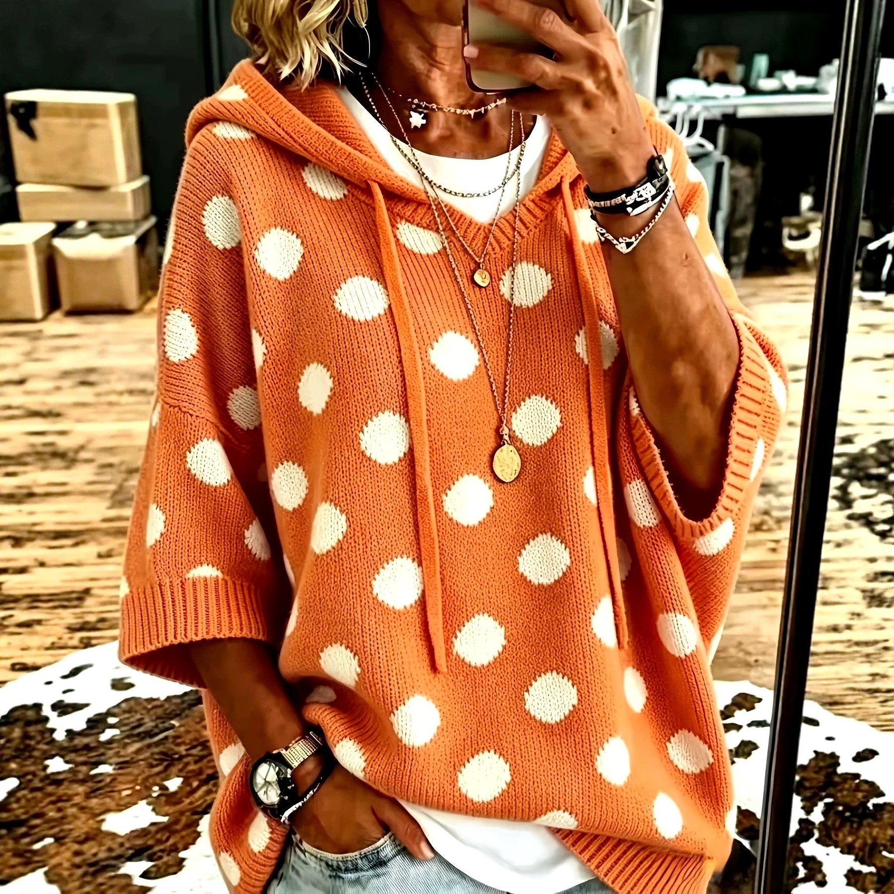 Kynthia - Women's Polka Dot V-Neck Oversized Wool Sweater 3