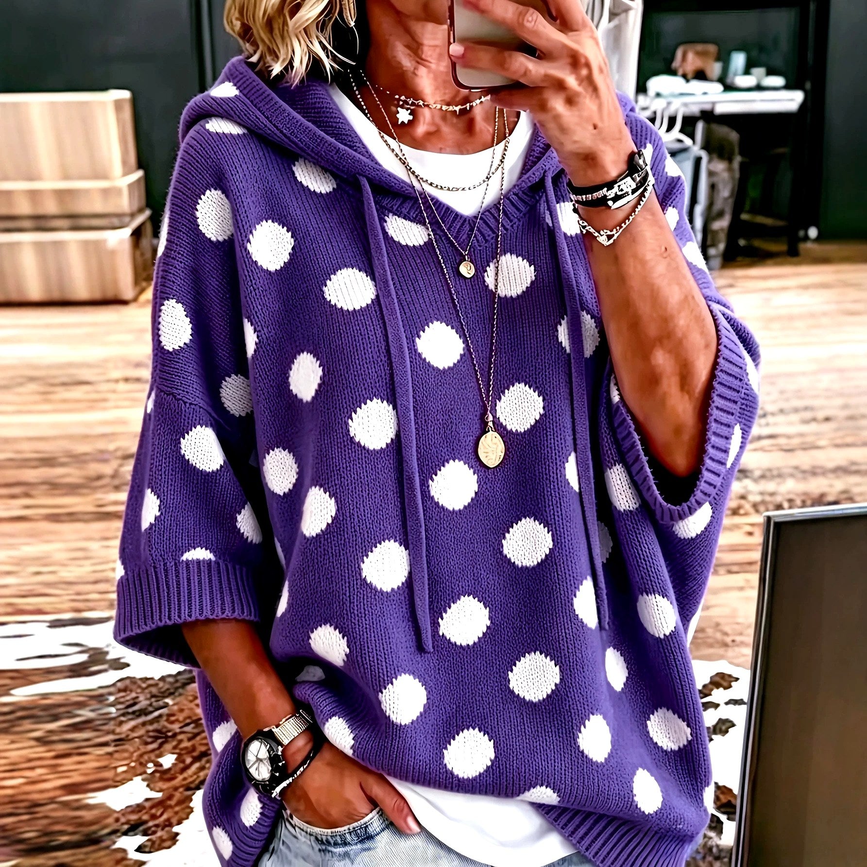 Kynthia - Women's Polka Dot V-Neck Oversized Wool Sweater 4