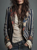 Kyra - Women's Tailored Floral-Cuff Striped Blazer 1