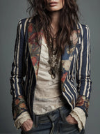 Kyra - Women's Tailored Floral-Cuff Striped Blazer 1
