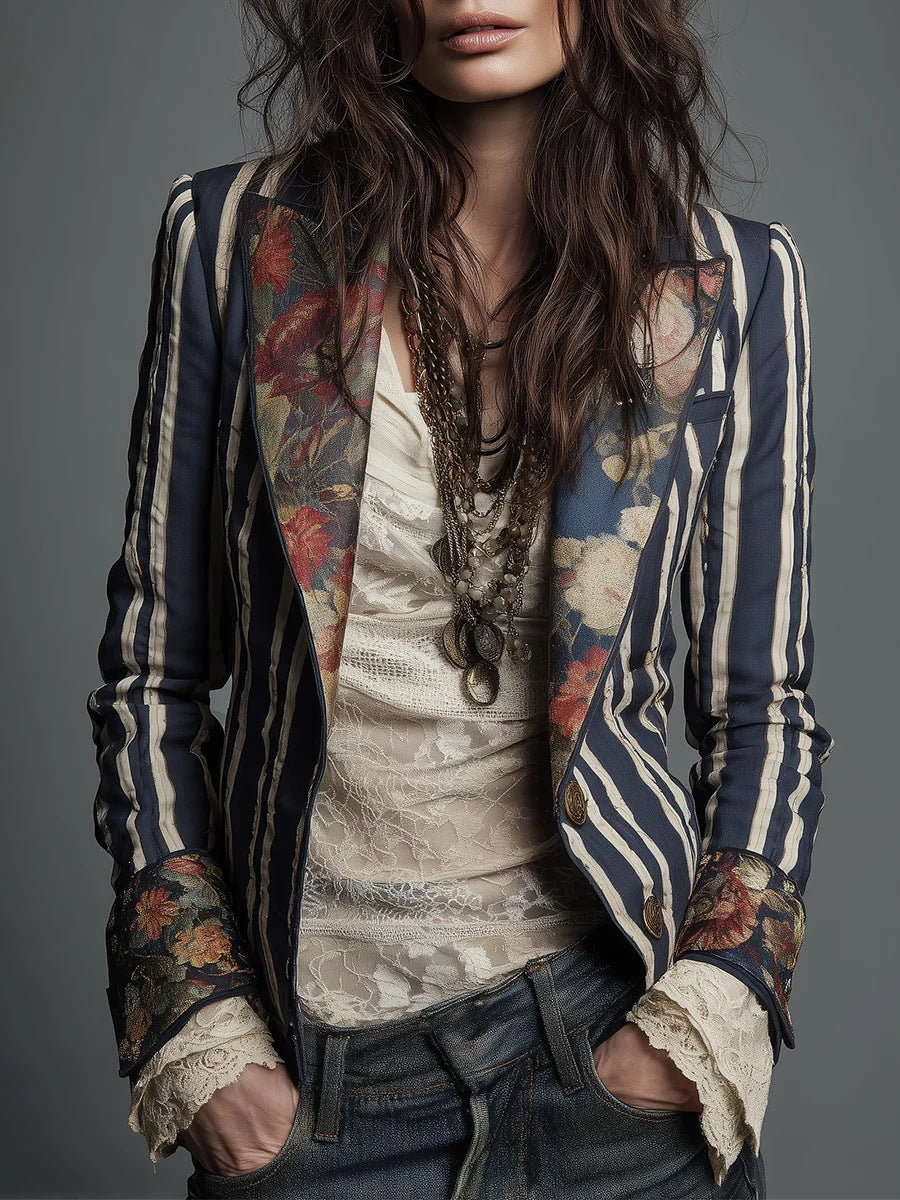 Kyra - Women's Tailored Floral-Cuff Striped Blazer 1