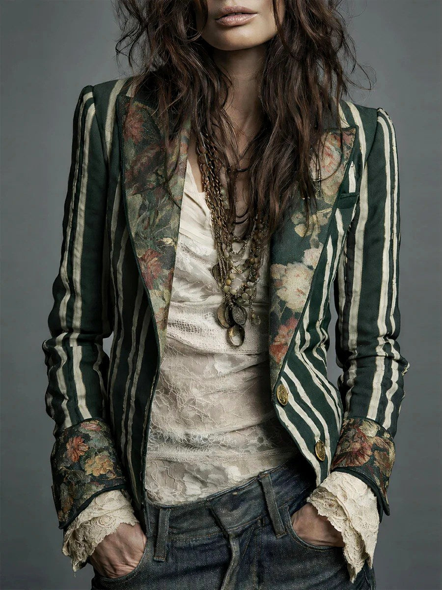 Kyra - Women's Tailored Floral-Cuff Striped Blazer 4