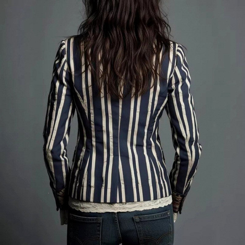 Kyra - Women's Tailored Floral-Cuff Striped Blazer 8