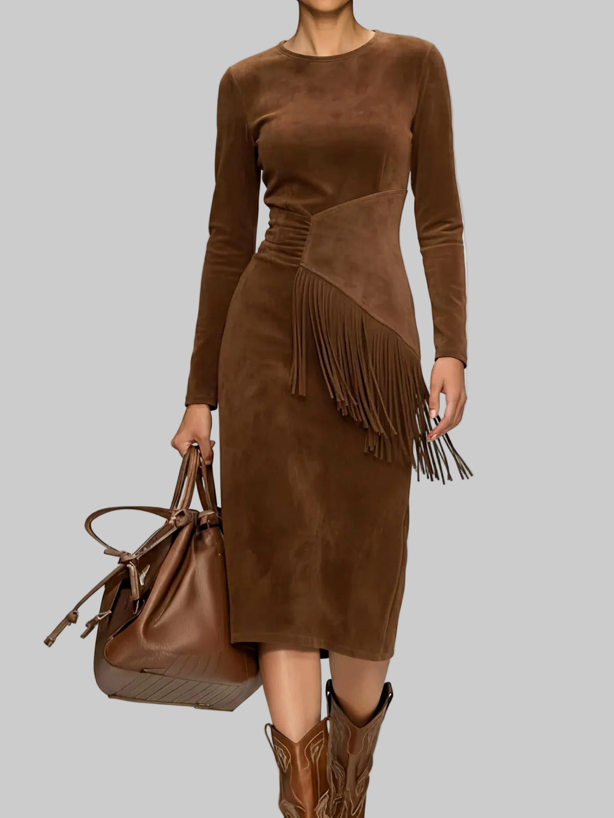 Lainey - Women's Asymmetric Waist Fringe Faux Suede Dress 2