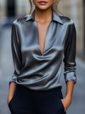 Laurel - Women's Satin V-Neck Blouse with Notch Collar