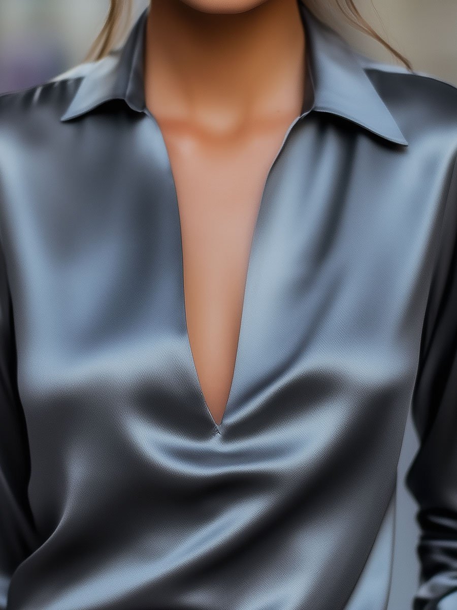 Laurel - Women's Satin V-Neck Blouse with Notch Collar