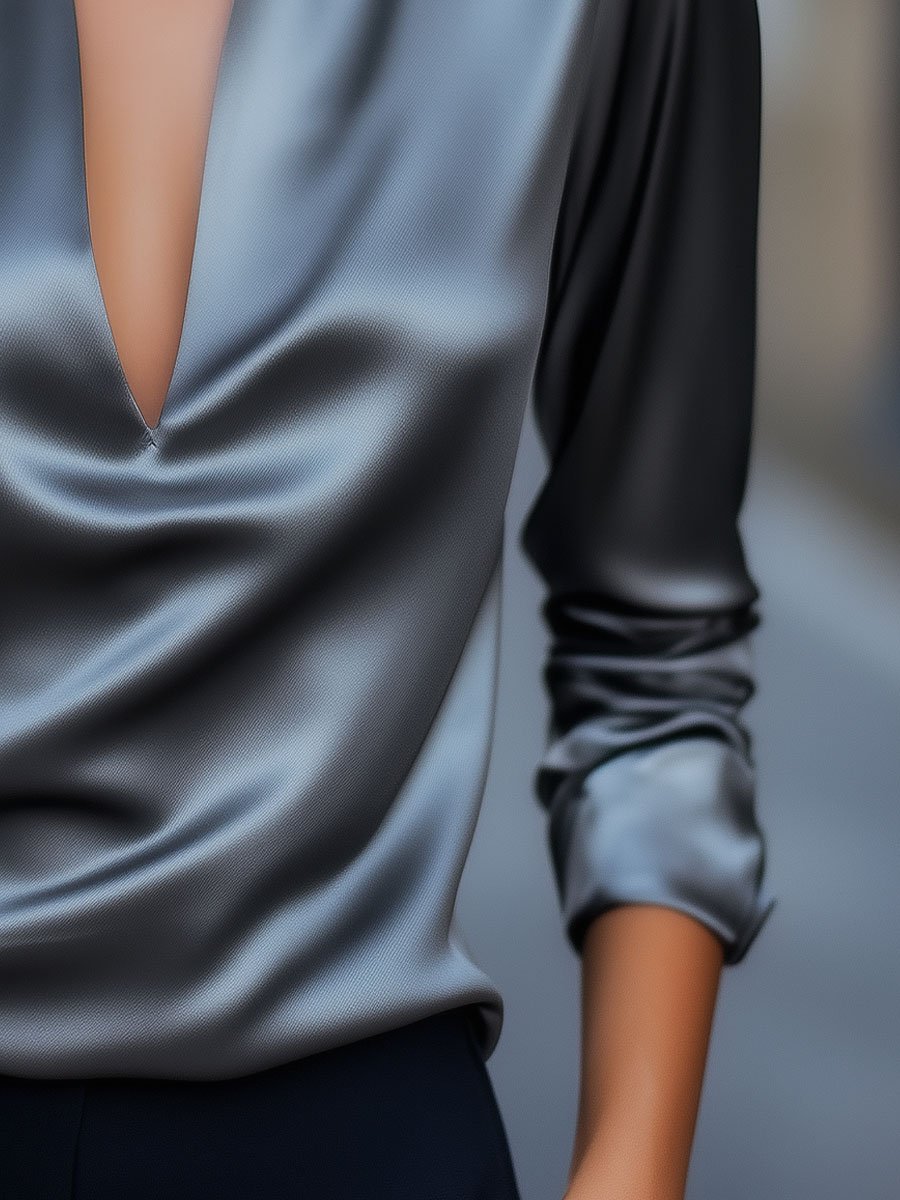 Laurel - Women's Satin V-Neck Blouse with Notch Collar