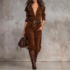 Laurel - Women's Suede Long Sleeve Collared Jumpsuit 1