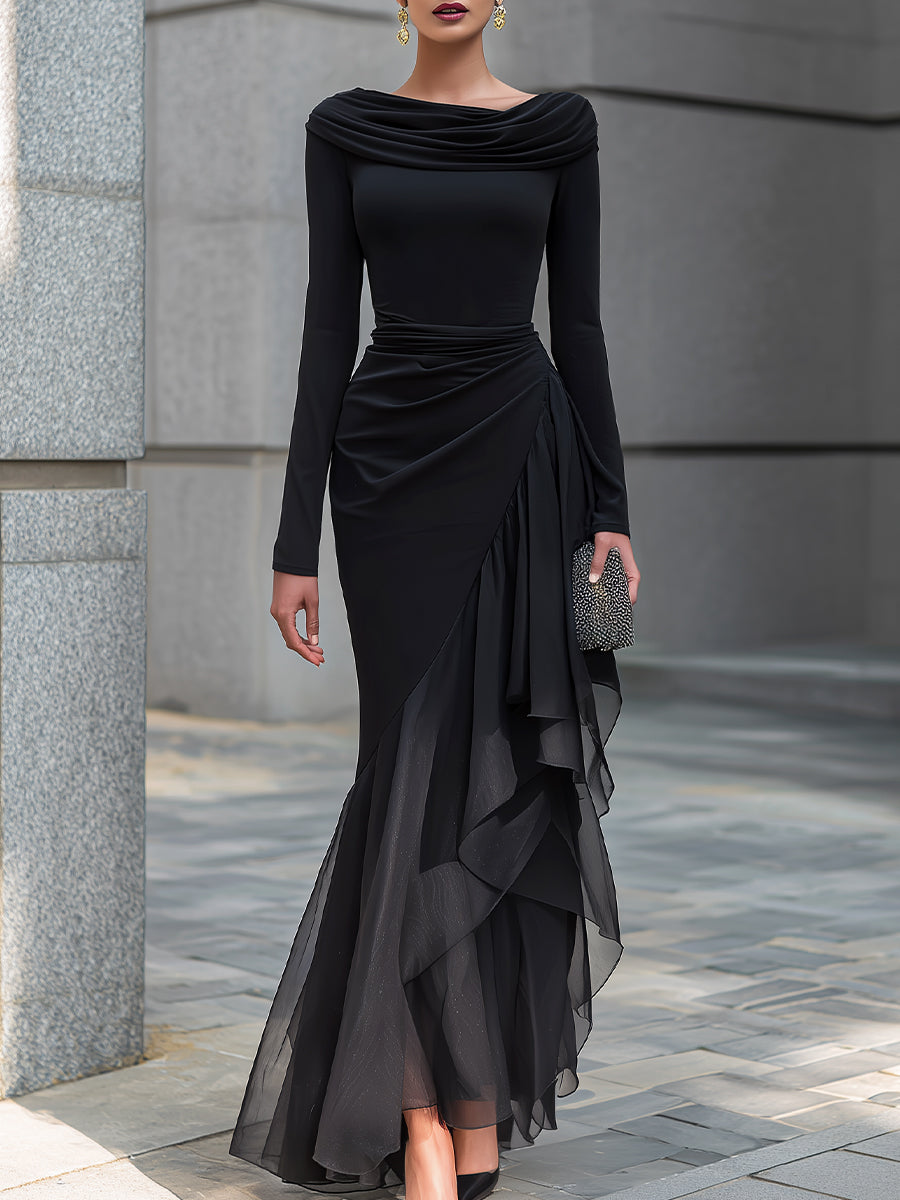 Lenore - Women's Cowl Neck Wrap Maxi Dress with Layered Organza Panels