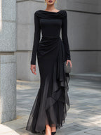 Lenore - Women's Cowl Neck Wrap Maxi Dress with Layered Organza Panels