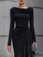 Lenore - Women's Cowl Neck Wrap Maxi Dress with Layered Organza Panels