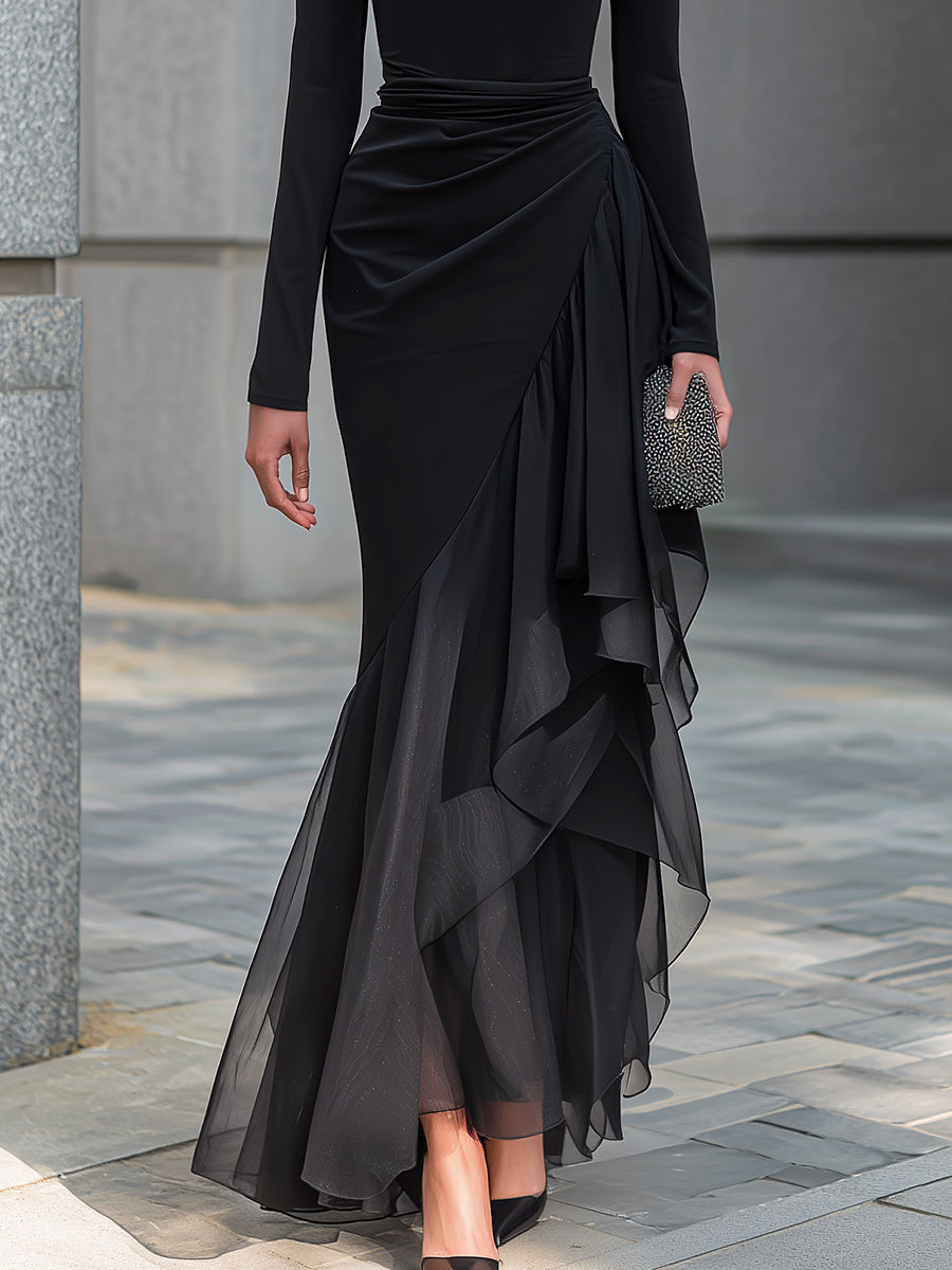 Lenore - Women's Cowl Neck Wrap Maxi Dress with Layered Organza Panels
