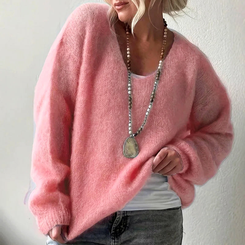Leona - Women's Relaxed Fit Fuzzy Knit Pullover Sweater