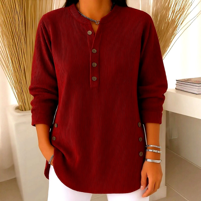 Leontine - Women's Ribbed V-Neck Loose Fit Long Sleeve T-Shirt 1