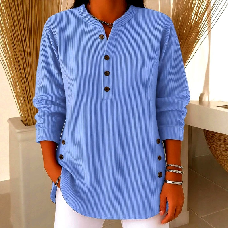 Leontine - Women's Ribbed V-Neck Loose Fit Long Sleeve T-Shirt 4