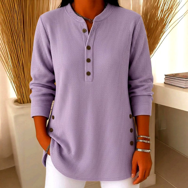 Leontine - Women's Ribbed V-Neck Loose Fit Long Sleeve T-Shirt 5