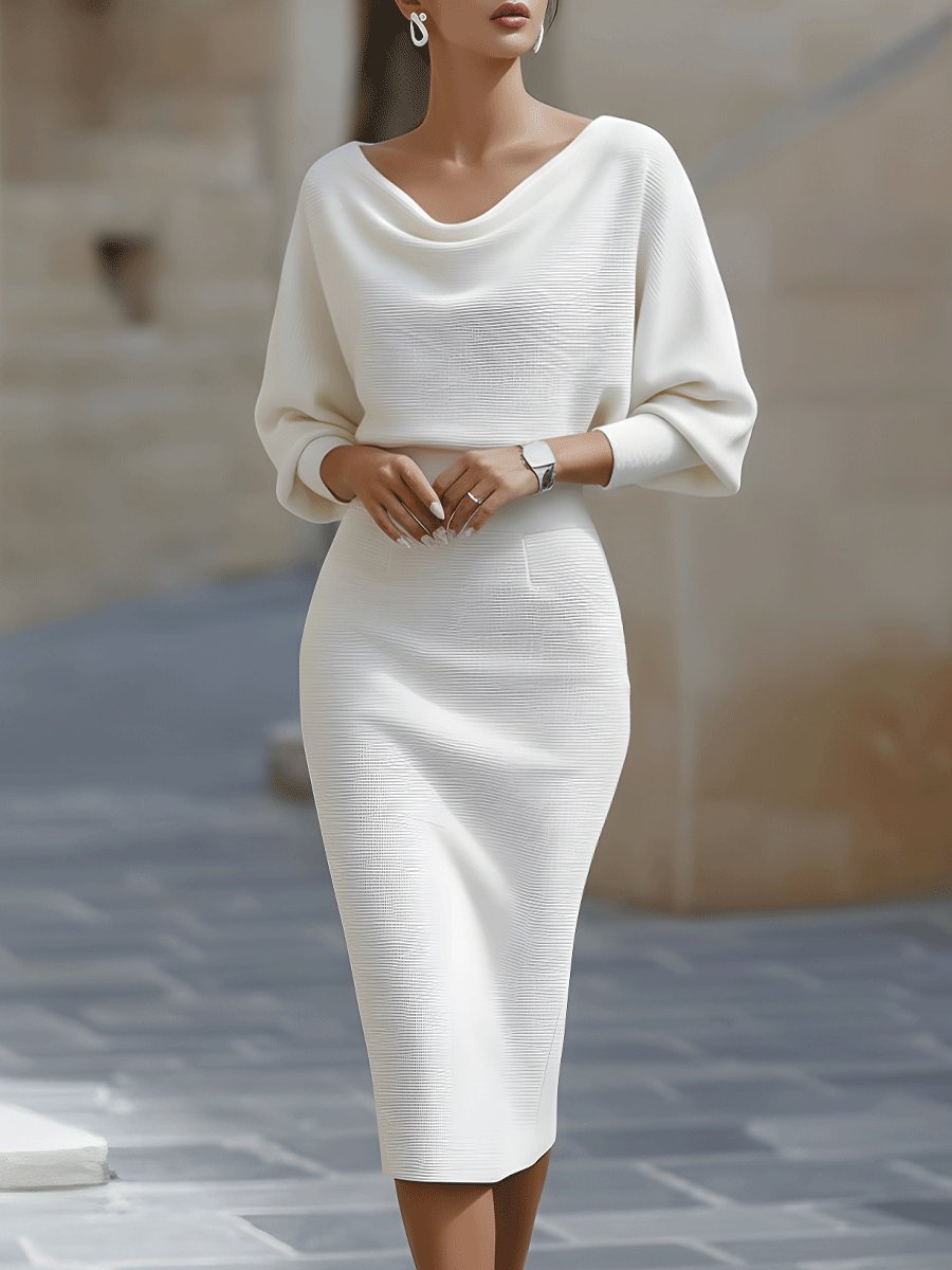 Leslie - Women's Draped Cowl Neck Bodycon Midi Dress with Batwing Sleeves