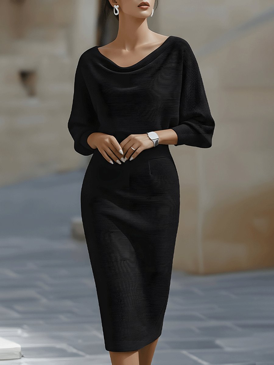 Leslie - Women's Draped Cowl Neck Bodycon Midi Dress with Batwing Sleeves