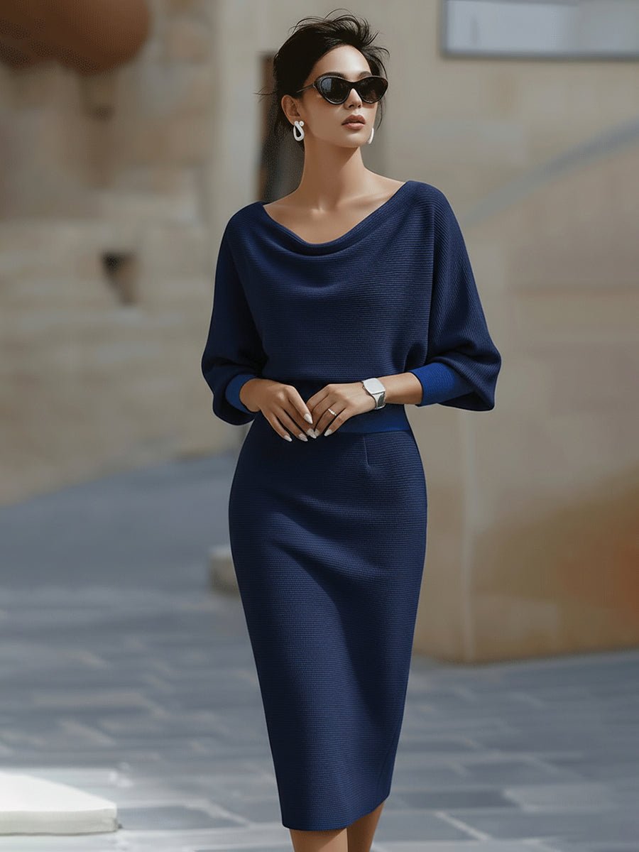 Leslie - Women's Draped Cowl Neck Bodycon Midi Dress with Batwing Sleeves