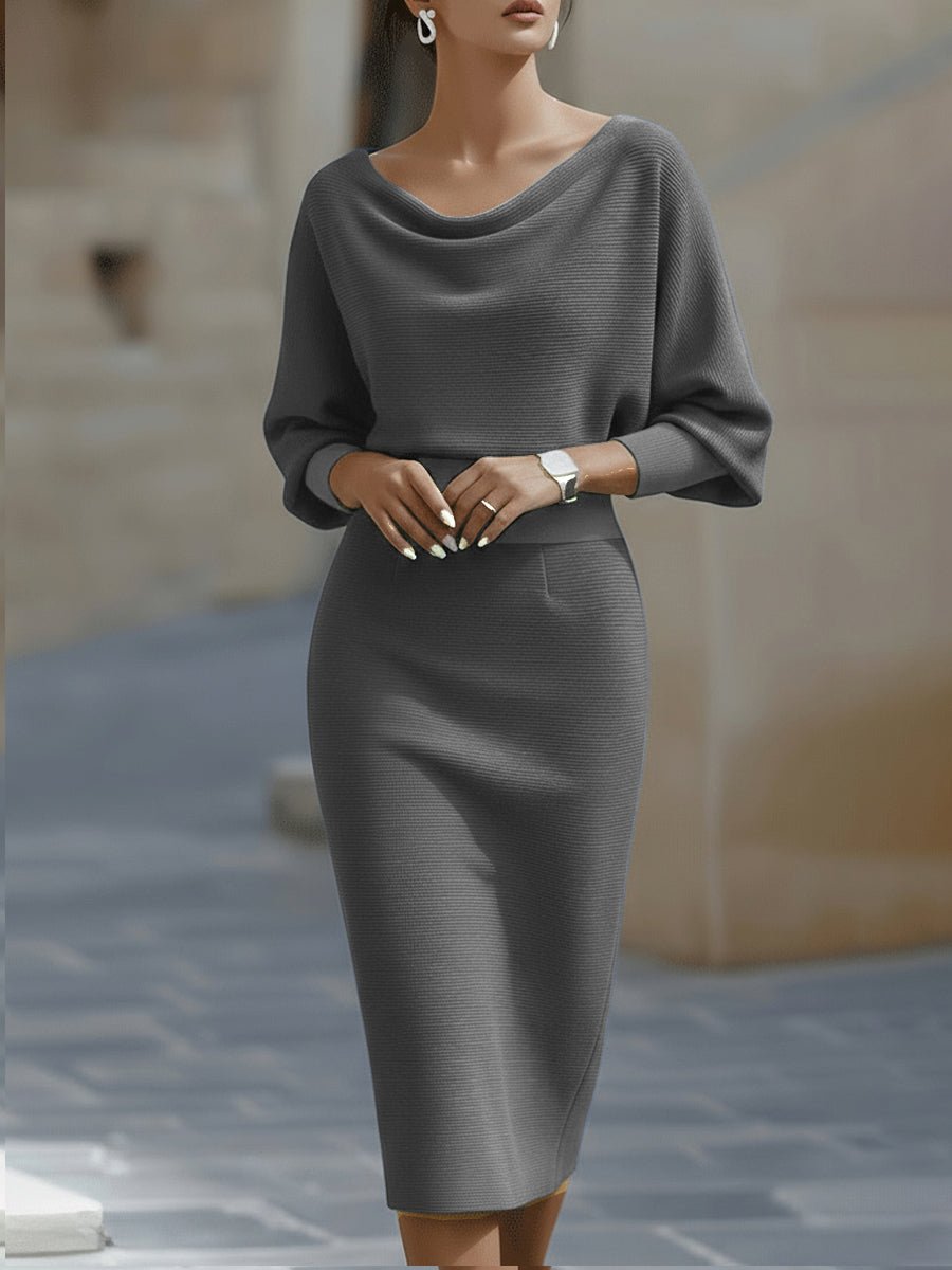 Leslie - Women's Draped Cowl Neck Bodycon Midi Dress with Batwing Sleeves