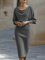 Leslie - Women's Draped Cowl Neck Bodycon Midi Dress with Batwing Sleeves