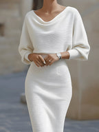 Leslie - Women's Draped Cowl Neck Bodycon Midi Dress with Batwing Sleeves