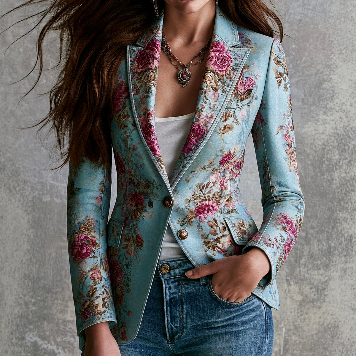 Lilian - Women's Faux Suede Floral Print Blazer 1