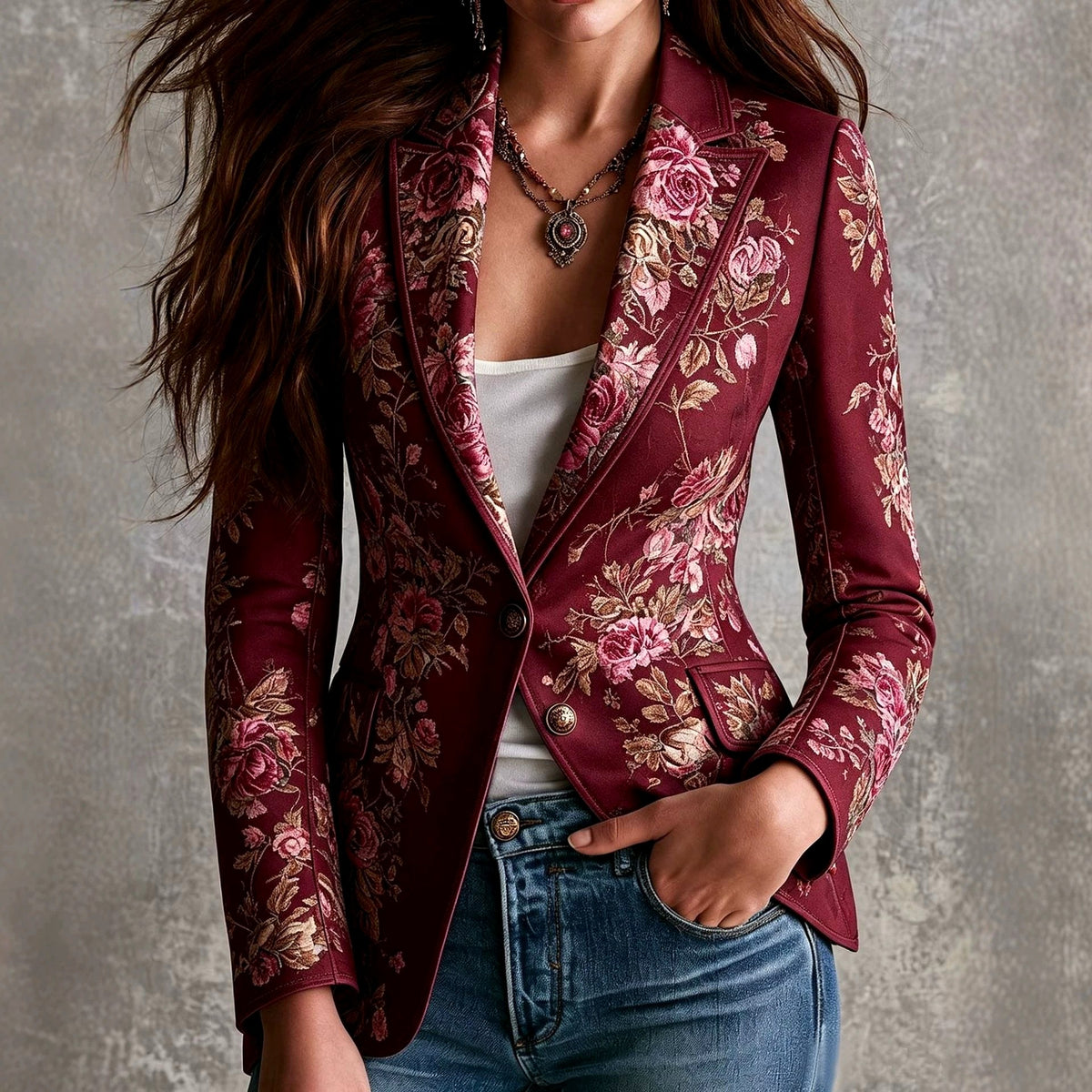 Lilian - Women's Faux Suede Floral Print Blazer 3