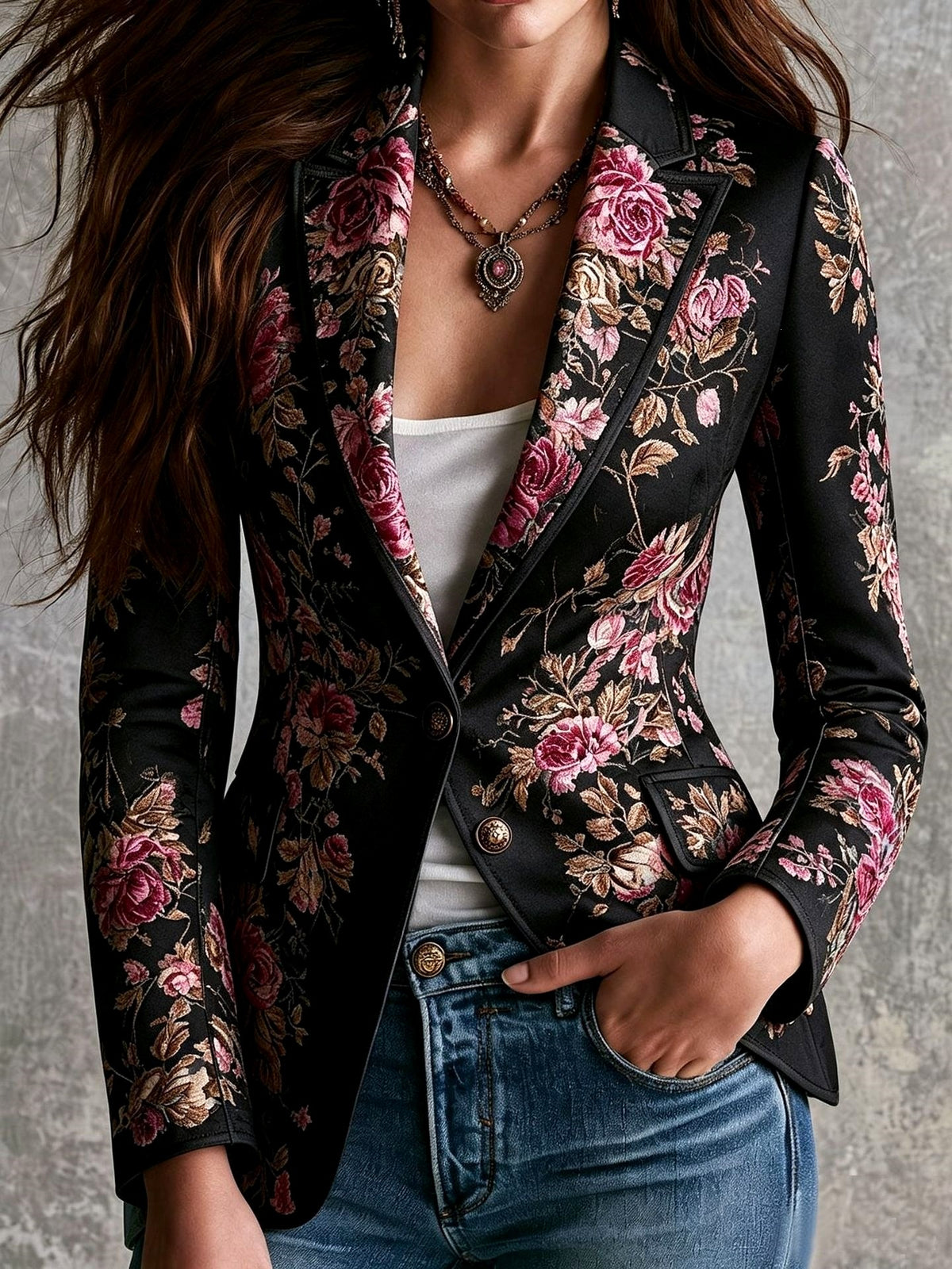 Lilian - Women's Faux Suede Floral Print Blazer 5