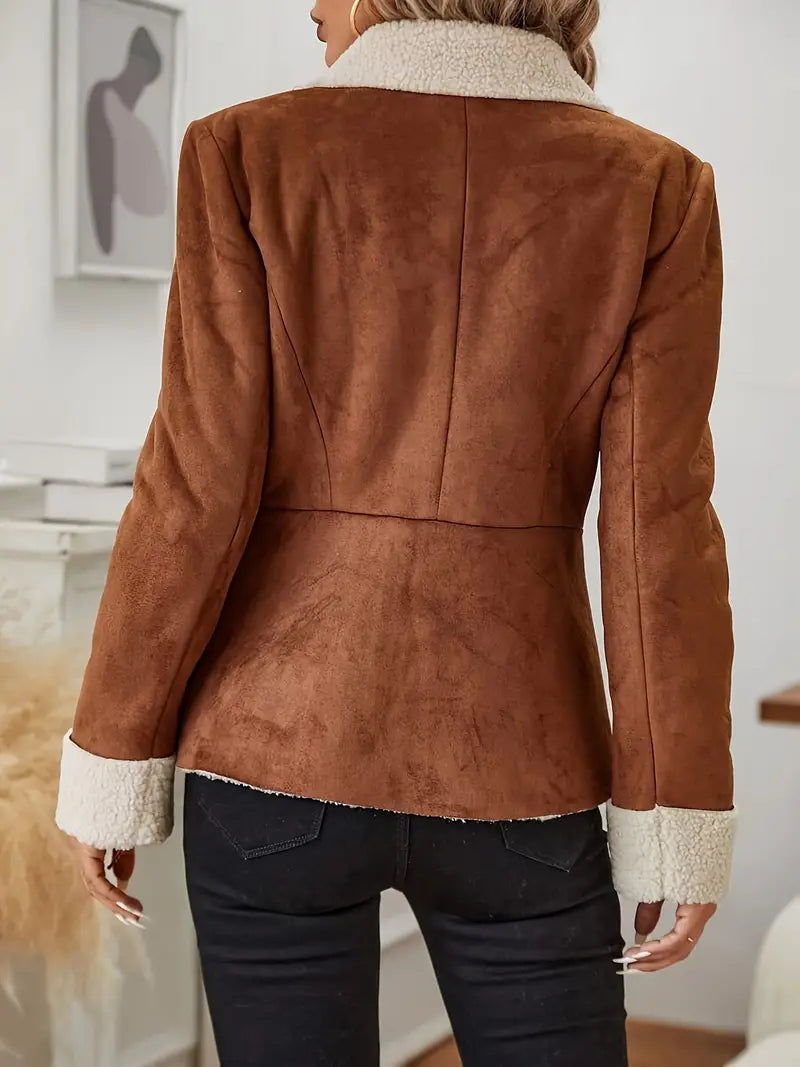 Lillian - Women's Sherpa-Trimmed Suede Blazer with Button Front