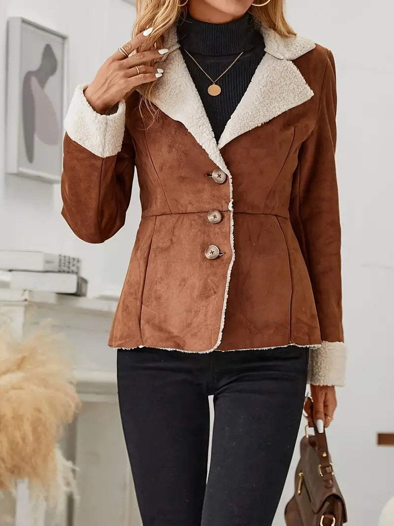 Lillian - Women's Sherpa-Trimmed Suede Blazer with Button Front