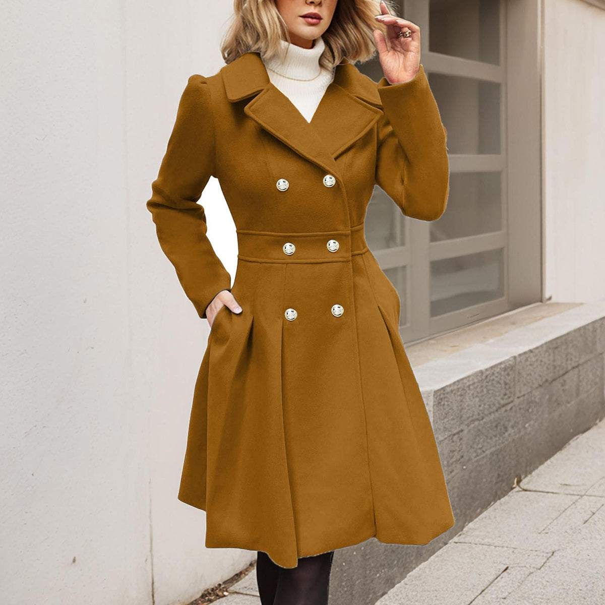 Liora - Women's Double-Breasted A-Line Coat with Notch Collar