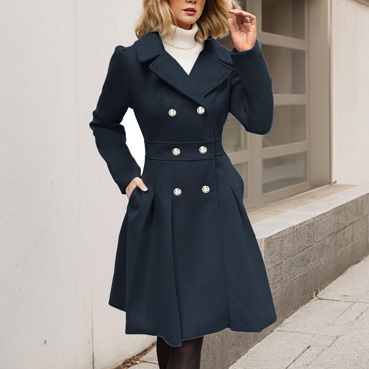 Liora - Women's Double-Breasted A-Line Coat with Notch Collar