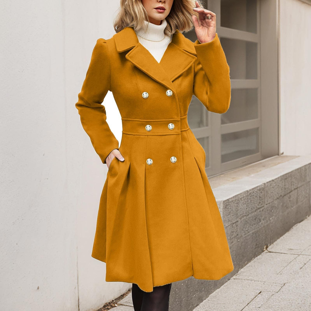 Liora - Women's Double-Breasted A-Line Coat with Notch Collar