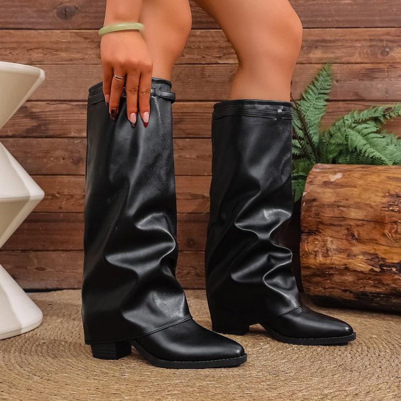 Livia - Women's Pointed-Toe Knee-High Boots with Metal Accent